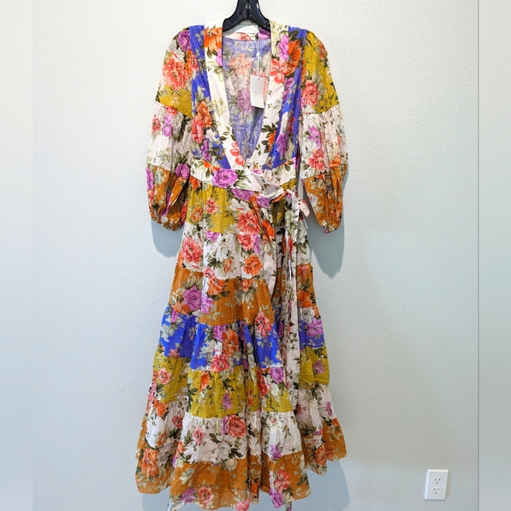 Zimmermann Pattie Patchwork Floral Cotton Wrap Midi-Dress